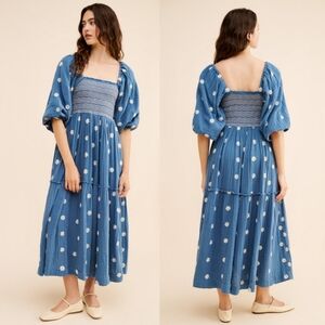 Free People Dahlia Embroidered Maxi Dress Puff Sleeve Blue, Size Small